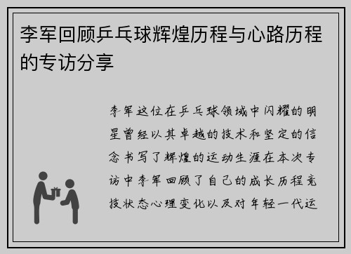 李军回顾乒乓球辉煌历程与心路历程的专访分享