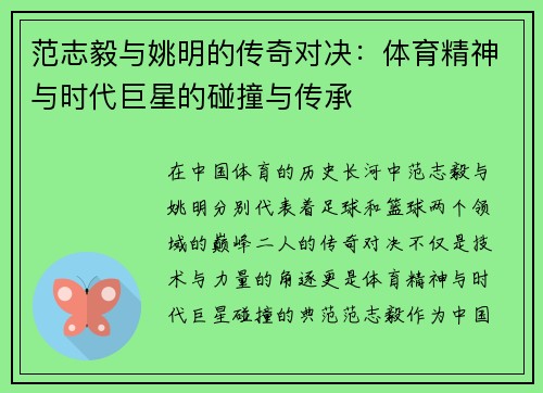 范志毅与姚明的传奇对决：体育精神与时代巨星的碰撞与传承